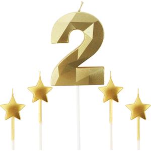 Golden Number 2 Birthday Candles and Star Birthday Candles 2.76 inch Birthday Cake Candles 3D Diamond Shaped Candles are Suitable for Birthday Parties and Anniversary Cake Decorations Candles(Gold 2)