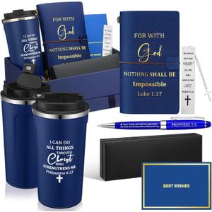6 Pcs Christian Gift Set for Men 17 oz Stainless Tumbler Notebook Religious Metal Bookmark Pen with Box and 1 Refills Greeting Card for Father's Day Pastor Appreciation Gift(Blue)