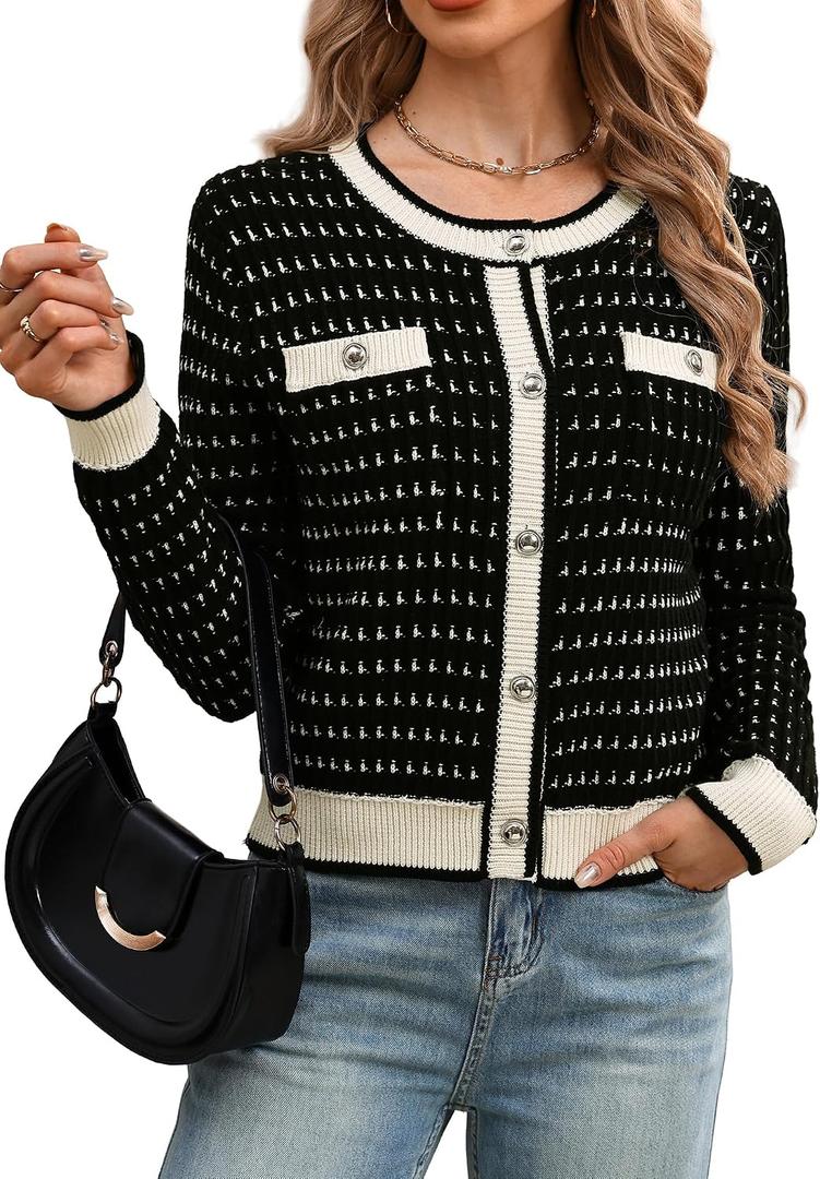 ELLEVEN Women's Cropped Tweed Knit Cardigan Sweater,Trendy Open Front Button Up Long Sleeve Cardigans with Pockets