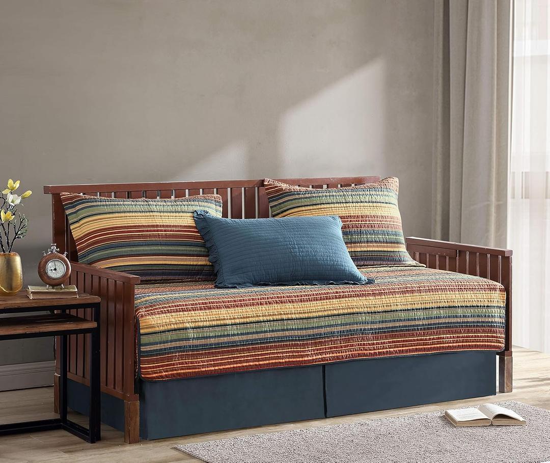 Chezmoi Collection Avery 5-Piece Multi-Color Striped 100% Washed Cotton Quilt Set, Daybed Size