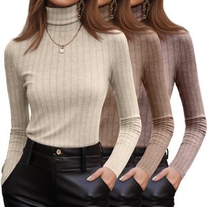 3 Pack Women's Turtleneck Sweaters Ribbed Long Sleeve Turtle Neck Top Slim Fitted Knit Lightweight Pullover Sweater (Beige Apricot, Brown, Mocha) Small