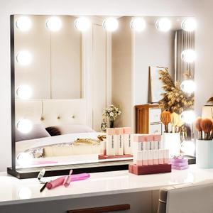 Vanity Mirror with Lights, 15 Dimmable LED Bulbs Large Hollyhood Makeup Mirror, Light up Mirror with 10X Magnification and USB Charging Port, Smart Touch 3 Colors, Metal Frame (18.2"L x 22.8"W, 15 Bulbs Black)