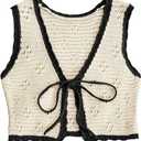 OYOANGLE Women's Tie Front V Neck Sleeveless Checkered Knit Sweater Vests Contrast Binding Knitted Crop Tank Top (Medium, Beige and Black)