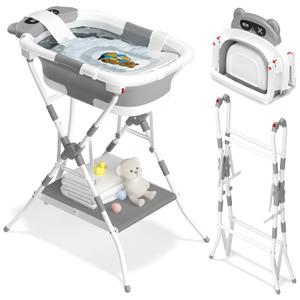 AVIDOR 2-in-1 Baby Bathtub with Stand for Newborn and Infants, Foldable Baby Bath Tub, Baby Shower Gifts for New Parents, Gray
