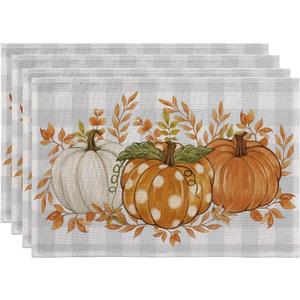 Romanstile Fall Placemats Set of 4-12 X 18 Inch - Thanksgiving Autumn Harvest Pumpkin Buffalo Plaid Place Mats, Stain Resistant Wipeable Table Mats for Party/Dining/Holiday- Grey Blue Checkered