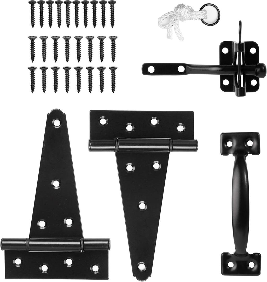 HILLMASTER Heavy Duty Gate Latch Door Handle Hardware Kit for Wooden Fence, Self-Closing Gate Latch with Pull String, Decorative Metal Gate Pull Handle, 2 Pack 6in T-Strap Gate Hinges, Black Finish