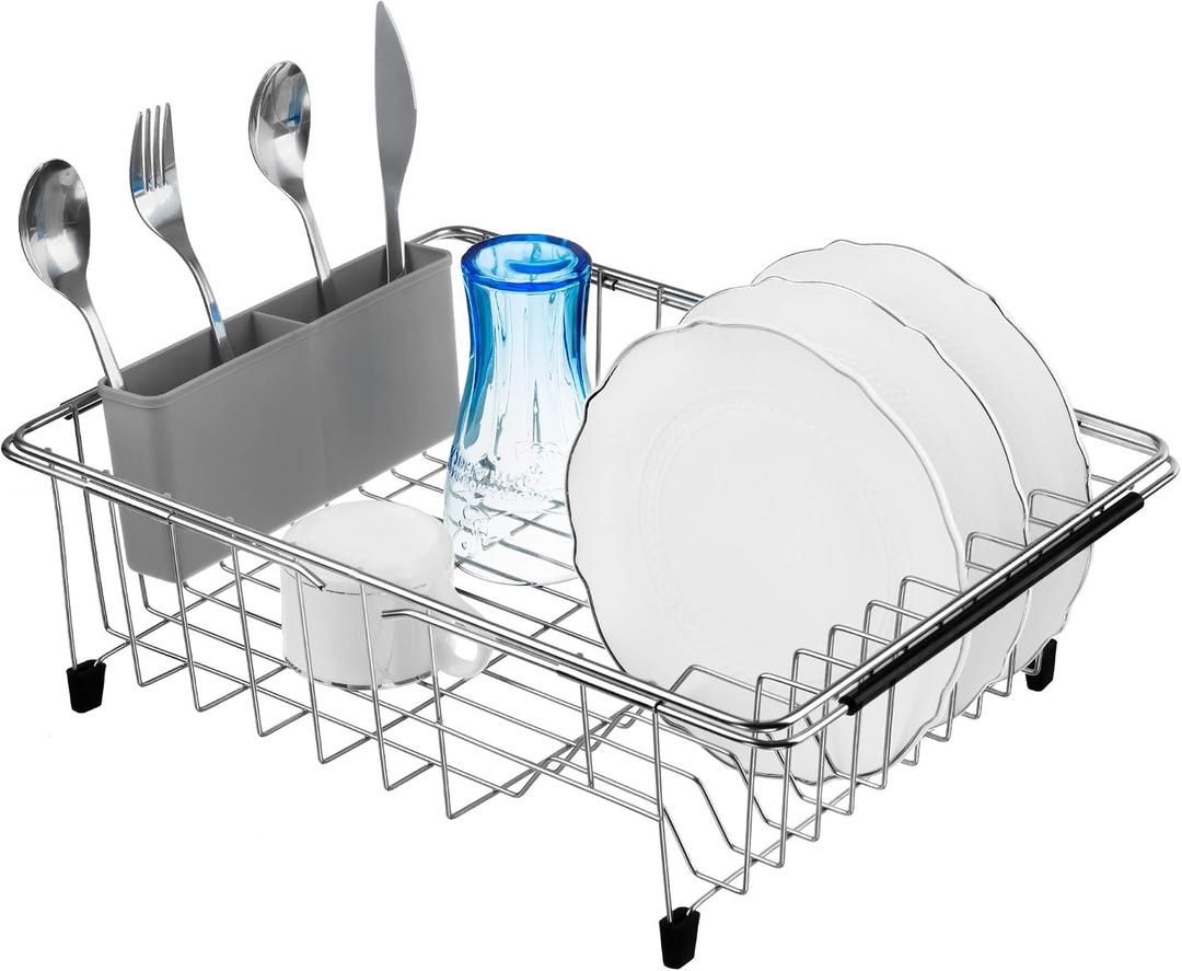 iPEGTOP Expandable Multifunctional Dish Drying Rack, Over The Sink, in Sink Or On Counter Dish Drainer Rack Organizer Shelf with White Utensil Silverware Holder, Rustproof Stainless Steel