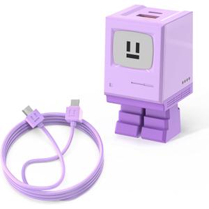 Aolcev USB C Cable for iPhone 17 Charger Fast Charging Robot USB C Wall Charger Block 30W Type C Cord Cute Fast Charging Blocks for iPhone 16 15 Pro Max iPad Galaxy S25 Phone Charging for Women Purple