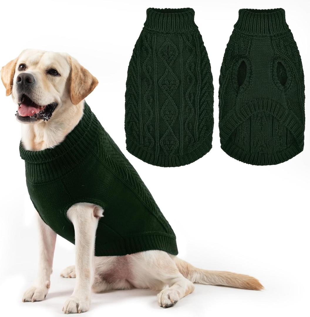 PUPTECK Dog Sweater, Turtleneck Warm Knitted Pullover Coat, Thick Cable Knitwear Clothes in Winter, Pet Apparel Outfits for Large Dogs, for Cold Weather Indoor & Outdoor, Deep Green ML (ML - Chest 25", Back 18", Neck 15")