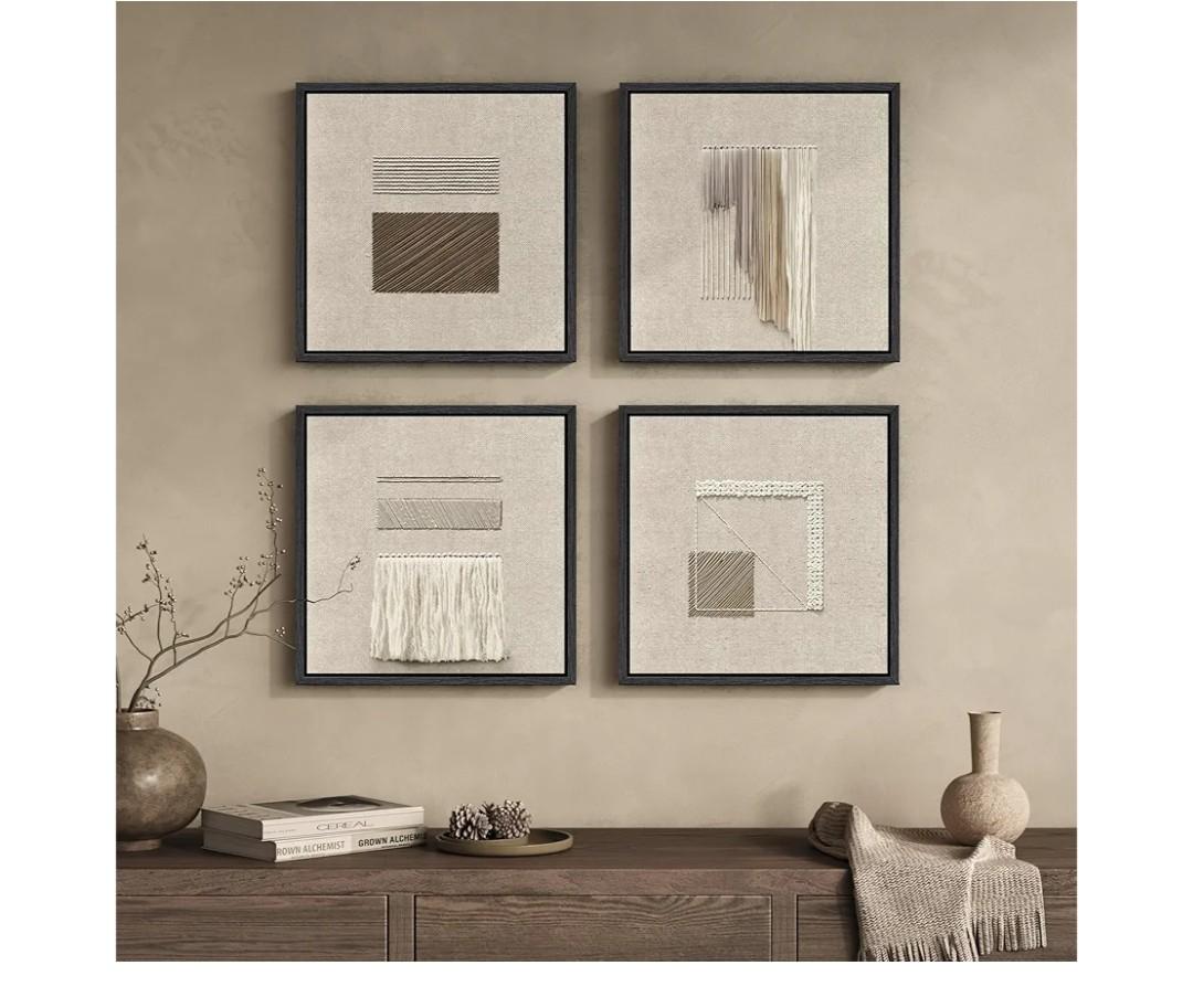 Framed Abstract Geometric Wall Art Decor, 4 Piece Modern Minimalist Neutral 2D Canvas Wall Art Prints, Contemporary Beige Square Artwork for Walls Living Room Dining Room Bedroom Hallways, 12x12