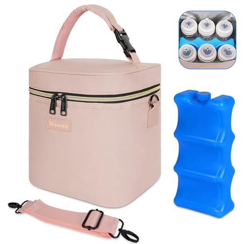 Mancro Breastmilk Cooler Bag Fits 6 Bottles Up to 9 Ounce, Insulated Baby Bottle Bag Comes with ice Pack and Shoulder Strap, Baby Bottle Cooler Bags for Daycare Nursing, Pink. Ice pack missing