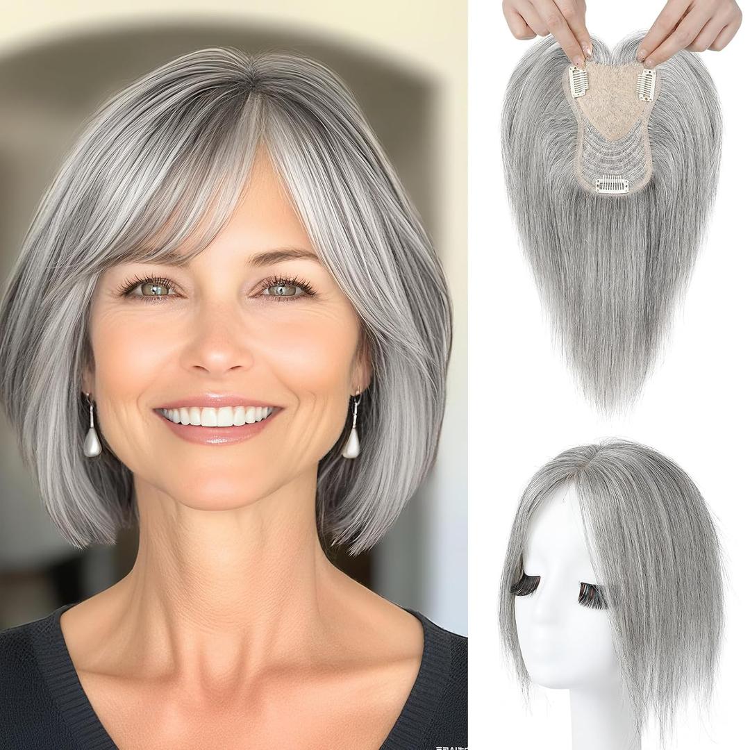 REECHO Human Hair Toppers for Women Real Human Thick Hair Topper Invisible Wiglett for Daily Wear Adding Instant Volume, Gray