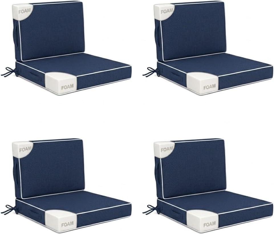 24x24 in Outdoor Foam Deep Seat Cushion Set of 2, Water-Resistant & Fade-Resistant Outdoor Chair Cushions, Replacement for Patio Furniture Deep Seat Sofa & Couch,Navy Blue & White Trim, 24x24x3"/24x20"-set