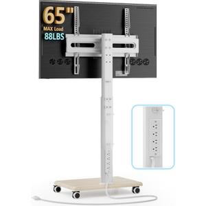 AX WABER Mobile TV Stand with Power Outlets, Floor Portable TV Stand with Wheels for 27-65Inch LCD LED OLED Flat/Curved Panel Screen TVs, Swivel,Height Adjustable&Wood Base, RollingTV Cart White
