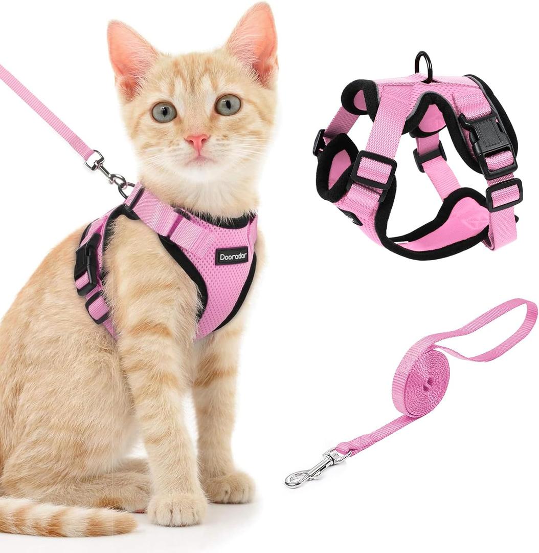 Cat Harness and Leash Set, Escape Proof Safe Adjustable Kitten Vest Harnesses for Walking, Easy Control Soft Breathable Mesh Jacket with Reflective Strips for Cats, Pink, S