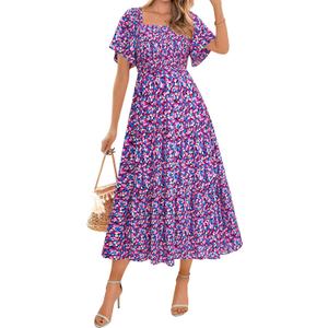 BTFBM Women's Clothing Wedding Guest Dresses Casual Boho Floral Short Sleeve Smocked Maxi Beach Spring Summer Dress 2026 (S)