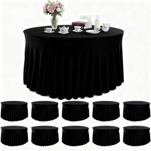 10 Pack Black Round Spandex Tablecloths for 60in Tables, 120 Inch Stretch Fitted Table Skirts, Wrinkle-Free Washable Polyester Covers for Wedding, Banquet & Party, 10 pcs