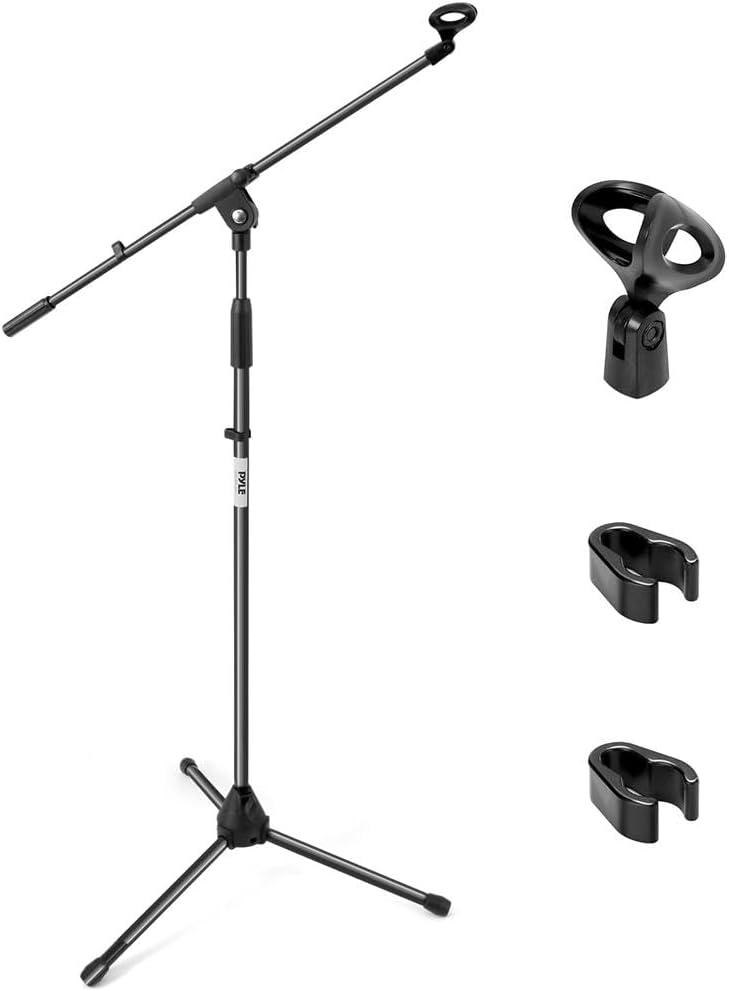 Pyle Foldable Tripod Microphone Stand - Universal Mic Mount and Height Adjustable from 37.5'' to 65.0'' Inch High w/ Extending Telescoping Boom Arm Up to 28.0'' - Knob Tension Lock Mechanism PMKS3