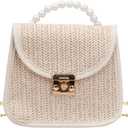 Mini Straw Bag for Girls, Summer Woven Crossbody Shoulder Bag for Women, Small Pearl Top Handle Handbag Flap Purse (White)