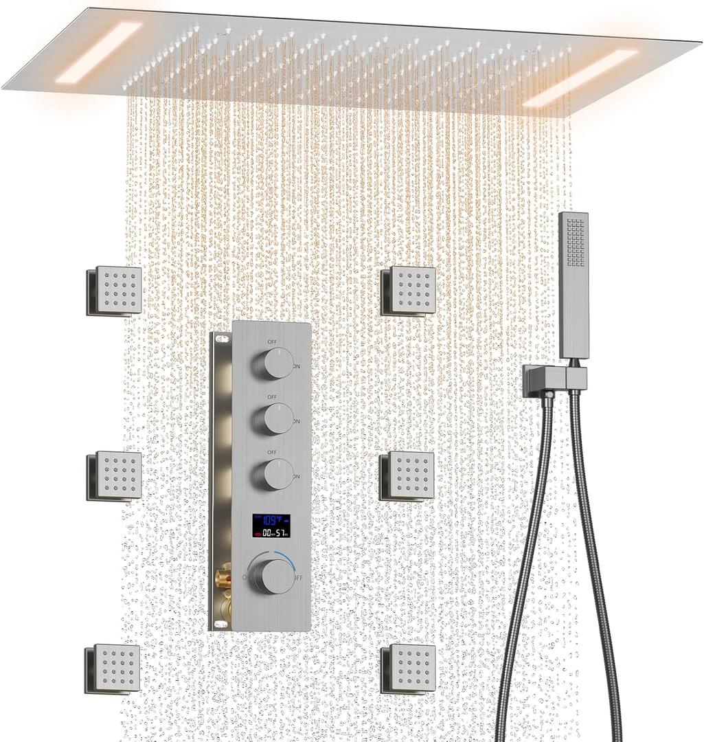 Smart Digital Display Shower System Brushed Nickel Shower Faucet Set with 14X20 inch Ceiling Rainfall Shower, 6 Body Jet, Handheld Spray