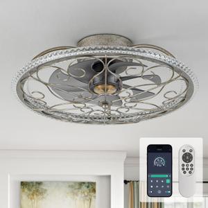 NORFOLK Low Profile Ceiling Fans with Lights and Remote, 20'' Flush Mount Lighting Fan, Smart Bladeless Caged Fandelier, 3 Colors Dimmable LED and 6 Speeds (Crafted)