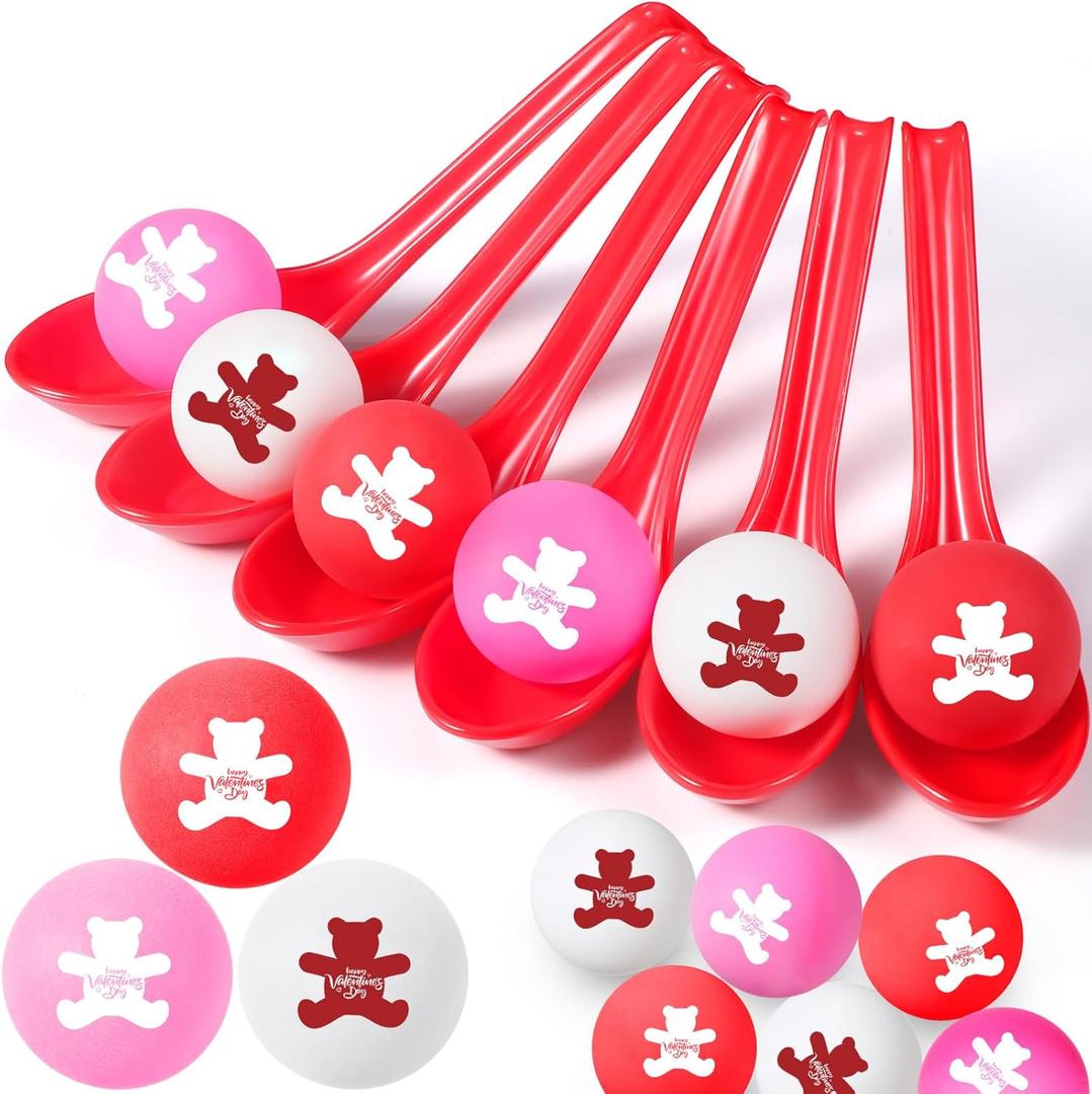24 Pack Valentine's Day Spoon Relay Race Toy Set , Heart Ball and Spoon Race Game for Indoor Outdoor Office Party Supplies Favors(Red,Bear)