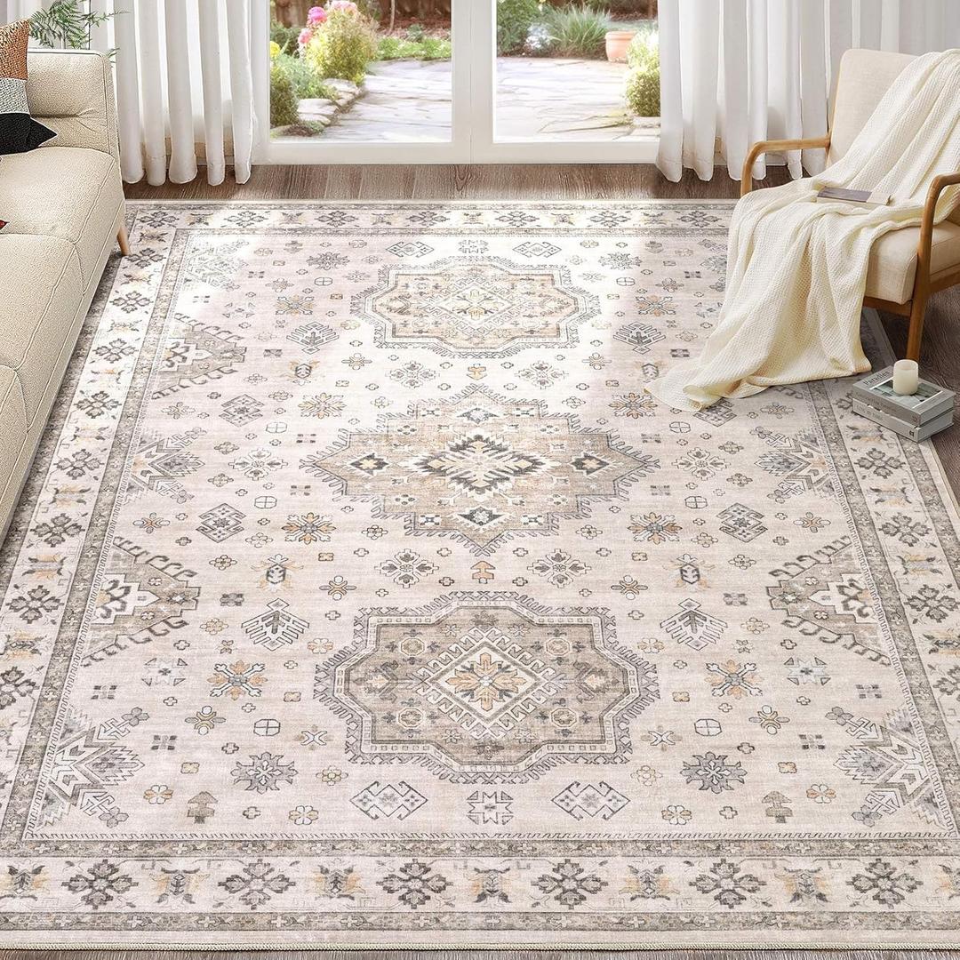 Washable Area Rugs for Living Room - 9x12 Neutral Vintage Distressed Floral Farmhouse Boho Large Soft Floor Rug Indoor Non Slip Carpet for Living Room Bedroom Dining Room Office - Beige Brown