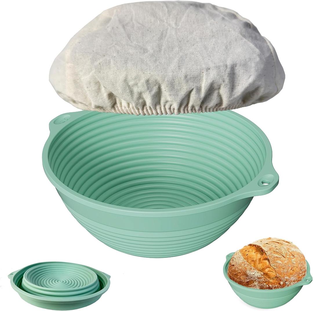 Silicone Bread Proofing Basket, 9 inches Sourdough Baking Bowl with liner Thick Foldable Reusable Handmade Bread Making Supplies for Bakers (Light Green)