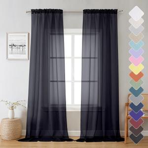 Lecloud Sheer Curtain Panels Set 96" Inches Long, Solid Voile Light Filtering Airy Curtains Window Treatment Drapes for Living Room, 2 Panels Elegant Bedroom Sheer Curtains, Black, 40" Wx96 L