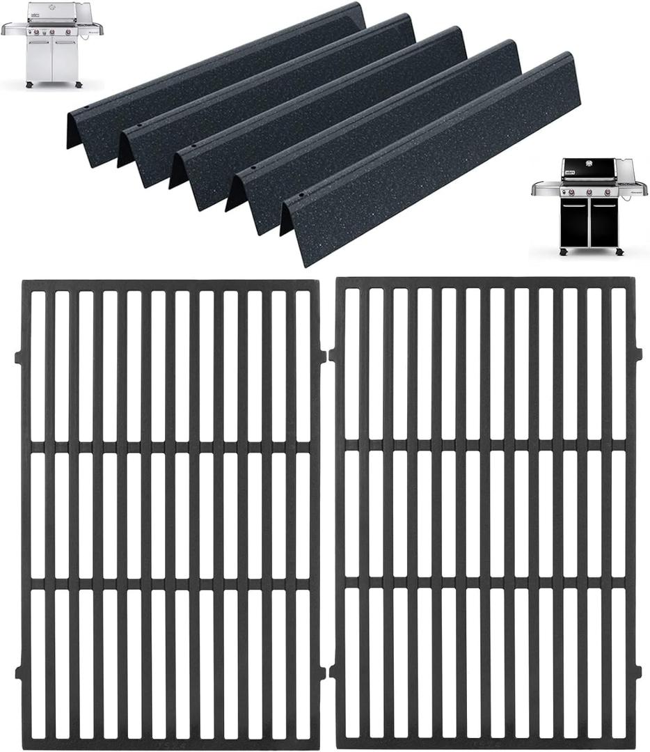 Genesis 300 Grill Parts Kit for Weber Genesis 310 320 Series E330 E320 E310 S310 S320 S330 EP/CEP310 EP/CEP320 EP/CEP330 Grill Parts(2011-2016), 7524 Cast Iron Grill Grates & 7621 Flavorizer Bars (Black-No Burner)