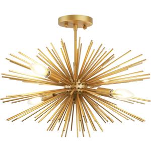 20" Gold Modern Sputnik Chandeliers Ceiling Light Fixture,4-Light Mid Century Semi Flush Mount Ceiling Lights, Starburst Satellite Chandeliers for Bedroom Kitchen Hallway Entryway Office E12