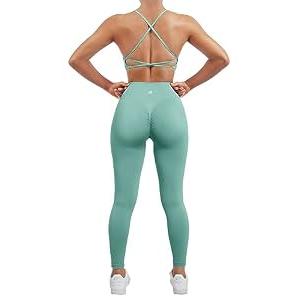 SUUKSESS Women Seamless 2 piece Workout Sets Strappy Padded Sports Bra Booty High Waisted Leggings Outfits (Light Green,S)