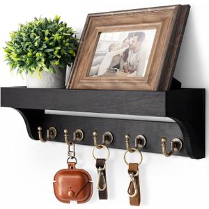 Rebee Vision Key Holder for Wall with Shelf : Decorative Key Organizer with 5 Rustic Keys Hooks and Primitive Wood Mail Organizer Wall Mount - Entryway Dcor (Black)