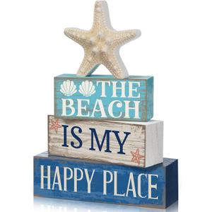 Moucuny 4 Pcs Summer Table Decoration Beach Tiered Tray Decor Starfish Coastal Rustic Wooden Block Sign Gifts Blue and White Ocean Centerpieces Farmhouse Beach Nautical Decor for Home Shelf Mantel