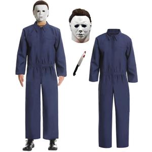 Halloween Michael Costume Adult, Mikes Jumpsuit with Mask and Knife, Horror Killer Cosplay for Men Women (X-Large, Blue(white Mask))