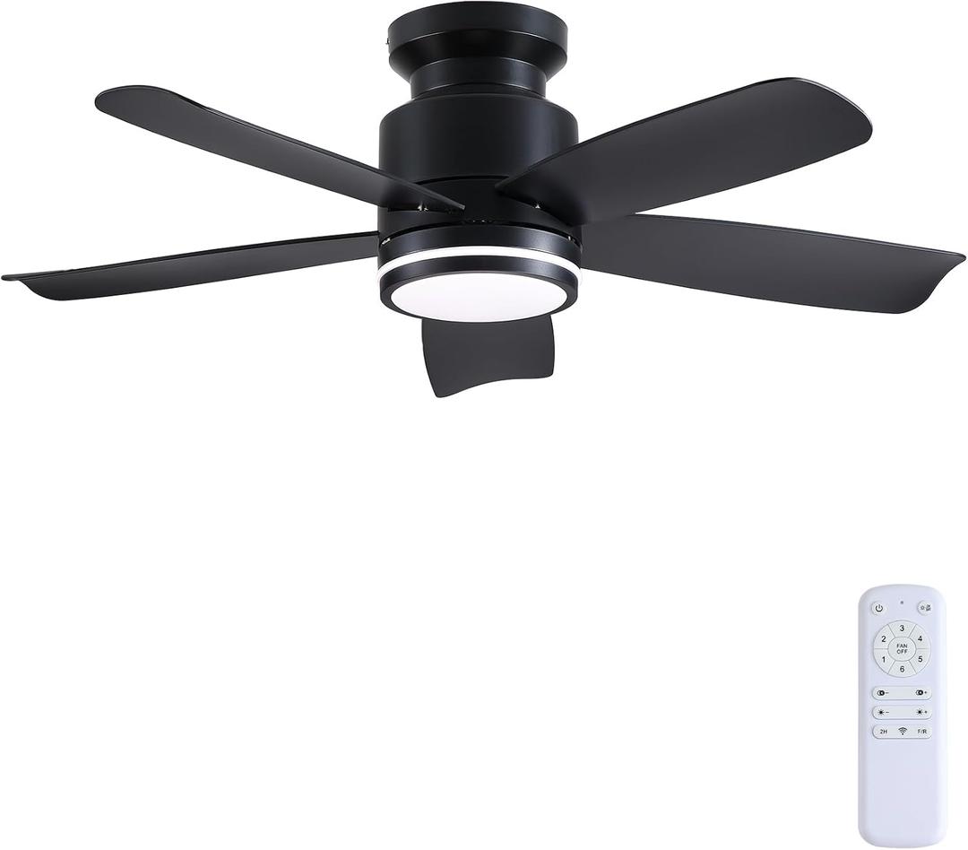 Ceiling Fans with Lights and Remote Control, 41 inch Low Profile Flush Mount Ceiling Fan, 3 CCT LED Dimmable Lights 5 Reversible Plastic Blades 6 Speeds for Bedroom Living Room, Black