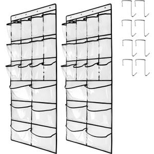 2 Pack Extra Large Hanging Crystal Clear Over Door Shoe Organizers, Closet Shoe Rack Organizer, 12+6 Pockets, 8 Hooks, White (59" x 21.6")