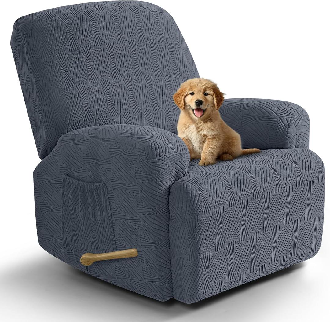 VANSOFY Recliner Chair Covers, 4-Pieces Stretch Recliner Cover Jacquard Soft Reclining Chair Slipcover Furniture Protector with Elastic Bottom for Lazy Boy Recliner(Gray) (1 Seat-Standard, Grey)