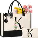 AYGE Personalized Initial Canvas Beach Bag Cosmetic Bags, Tote Bag, Makeup Bag, Gifts for Sister Mom Teacher Bridesmaid