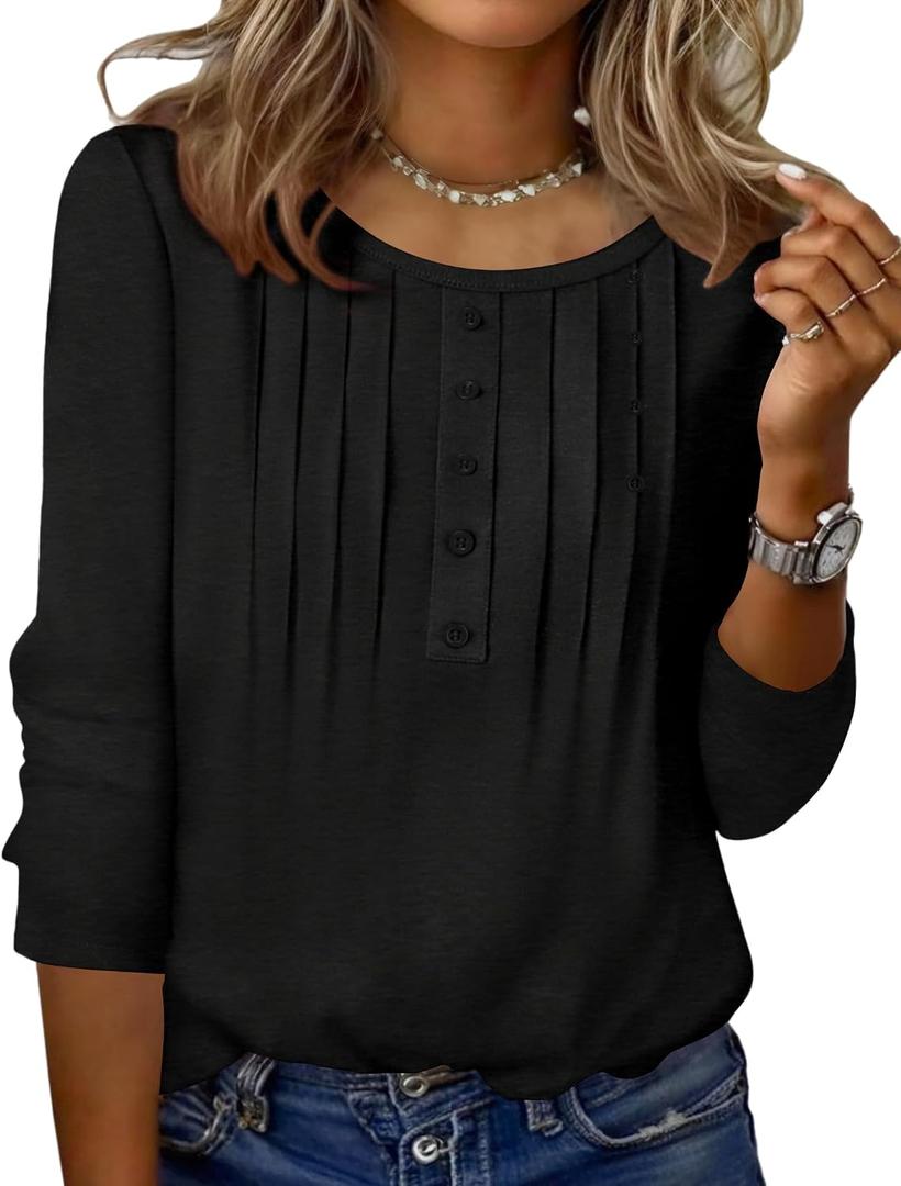 Zeagoo 3/4 Length Sleeve Womens Tops Round Neck Casual Summer Tunic Tops Basic Tees Blouses Dressy T-Shirts Pleated Shirts (Black, XXL)