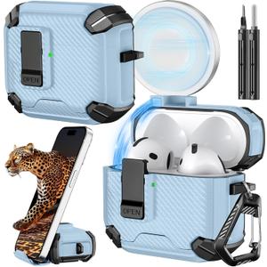 Inesore Compatible with AirPods 4th Case With Phone Stand & Cleaning Kit,Compatible with Magsafe,Magnetic Automatic Lock for Airpods 4 with Active Noise Cancellation Charging Cover (2024) (light blue)