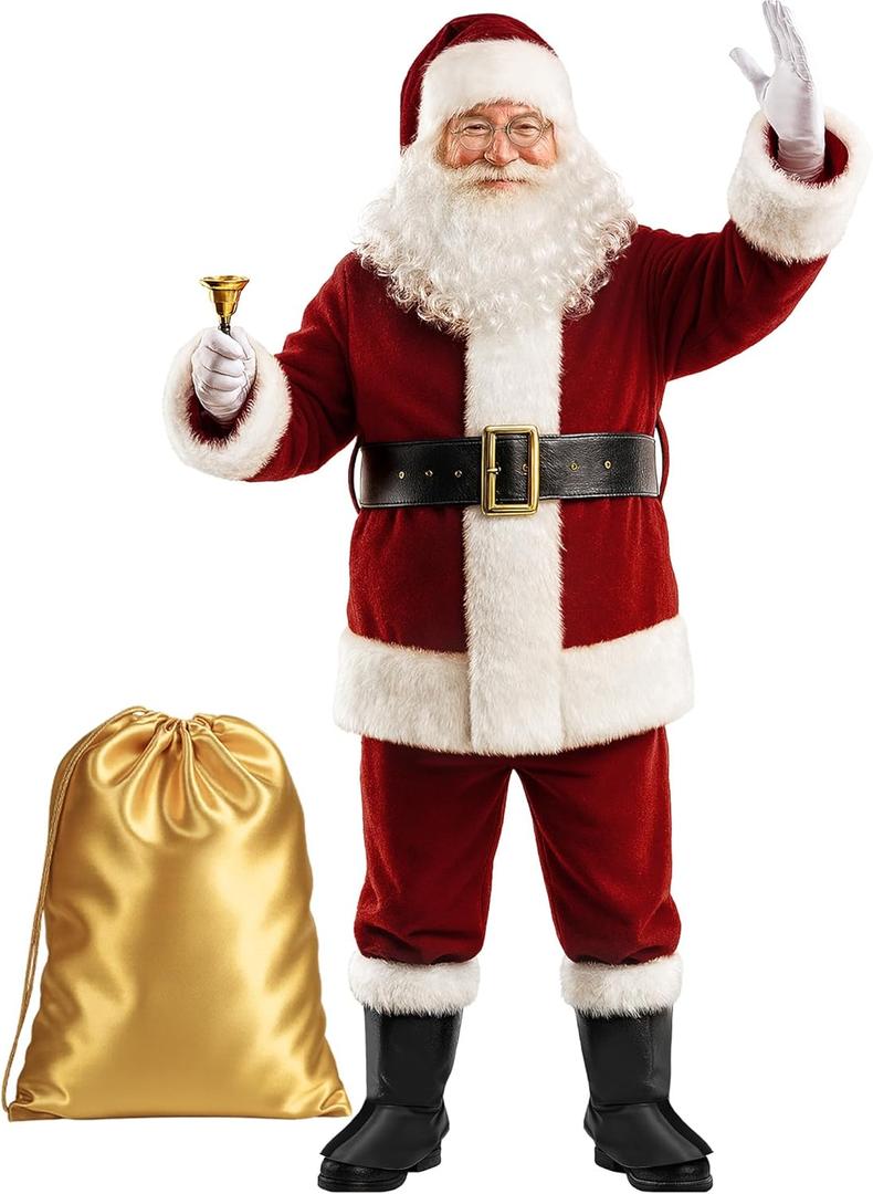 Christmas Santa Claus Costume for Men Adult 11 Pcs Deluxe Velvet Suit Outfit Xmas Santa Holiday Party Cosplay (Large)