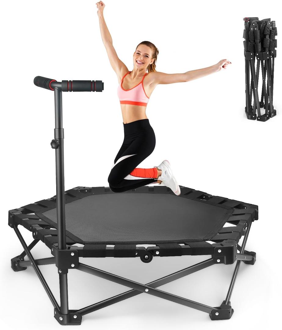 Foldable Mini Trampoline  One-Step Fold & Open, 42" Rebounder Trampoline for Adults & Kids, 450lbs Max Load, Adjustable T-Bar, Indoor & Outdoor Workout
