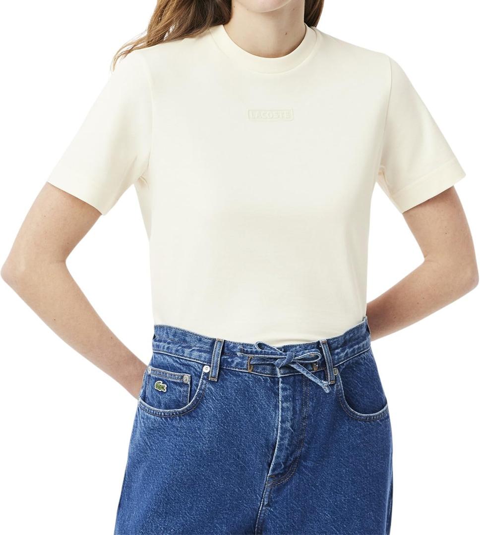 Lacoste Women's Crew Neck Short Sleeve Regular Fit Branding T-Shirt (Beige), Size 36