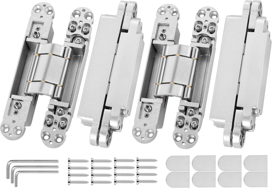 Invisible Door Hinges (4 pcs) -7 Inch Sliver Hidden Hinges for Doors, 3 Way Adjustable & 180 Deg Swing & Upgraded Copper Support Invisible Hinge, Heavy-Duty Concealed Door Hinges 177Lbs Load-Bearing
