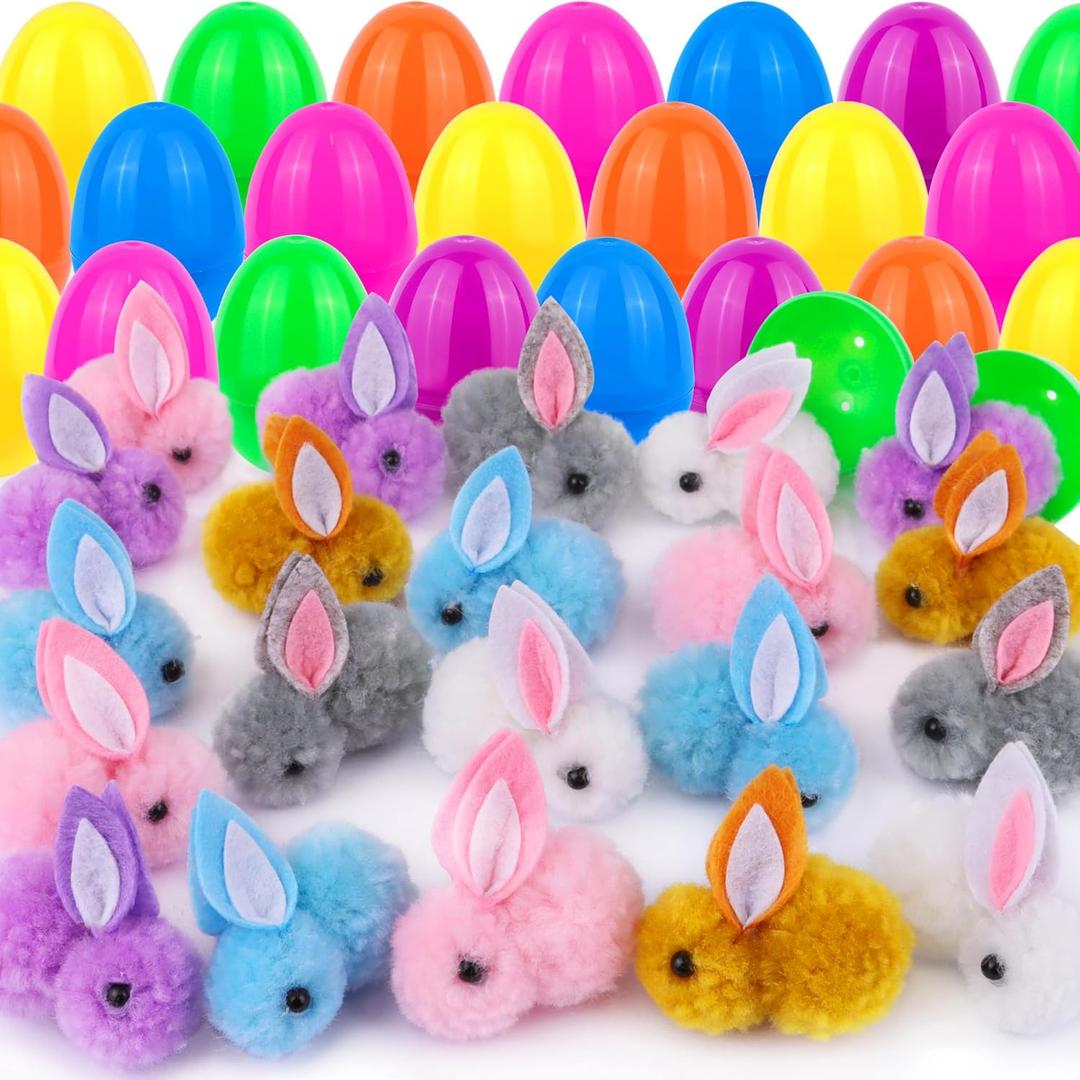 24 Pack Easter Egg Fillers with Easter Bunny Plush, Easter Eggs with Toys Inside, Mini Stuffed Animals Filled Easter Eggs Hunts Party Favors, Easter Basket Stuffers for Kids Toddler Teens Boys Girls