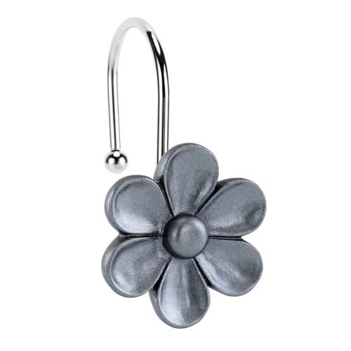 3D Floral Shower Curtain Hooks, 12 Pcs Rust Proof Resin Metal Hooks Shower Curtain Rod Rings, Ideal for Bathroom, Bedroom, Living Room Fun Home Decor, Moonstone Grey