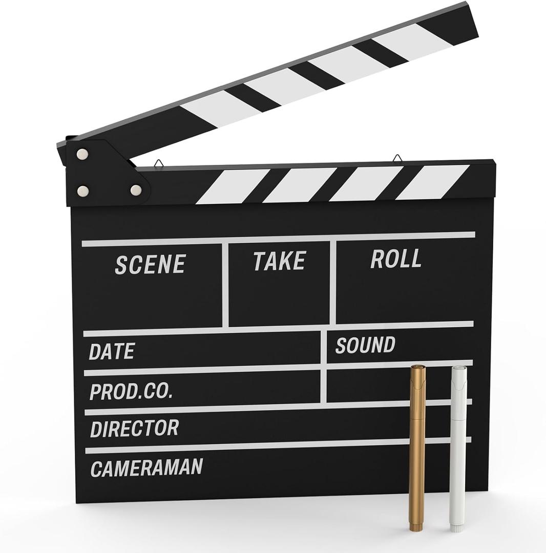Movie Film Clapboard Hollywood Wooden-Clapper Board Directors Photography Studio Video TV Clapper Board with Erasable Pen Movie Theater Props DecorBlack Clap Board 10.5 X 11.7 inches (Black)