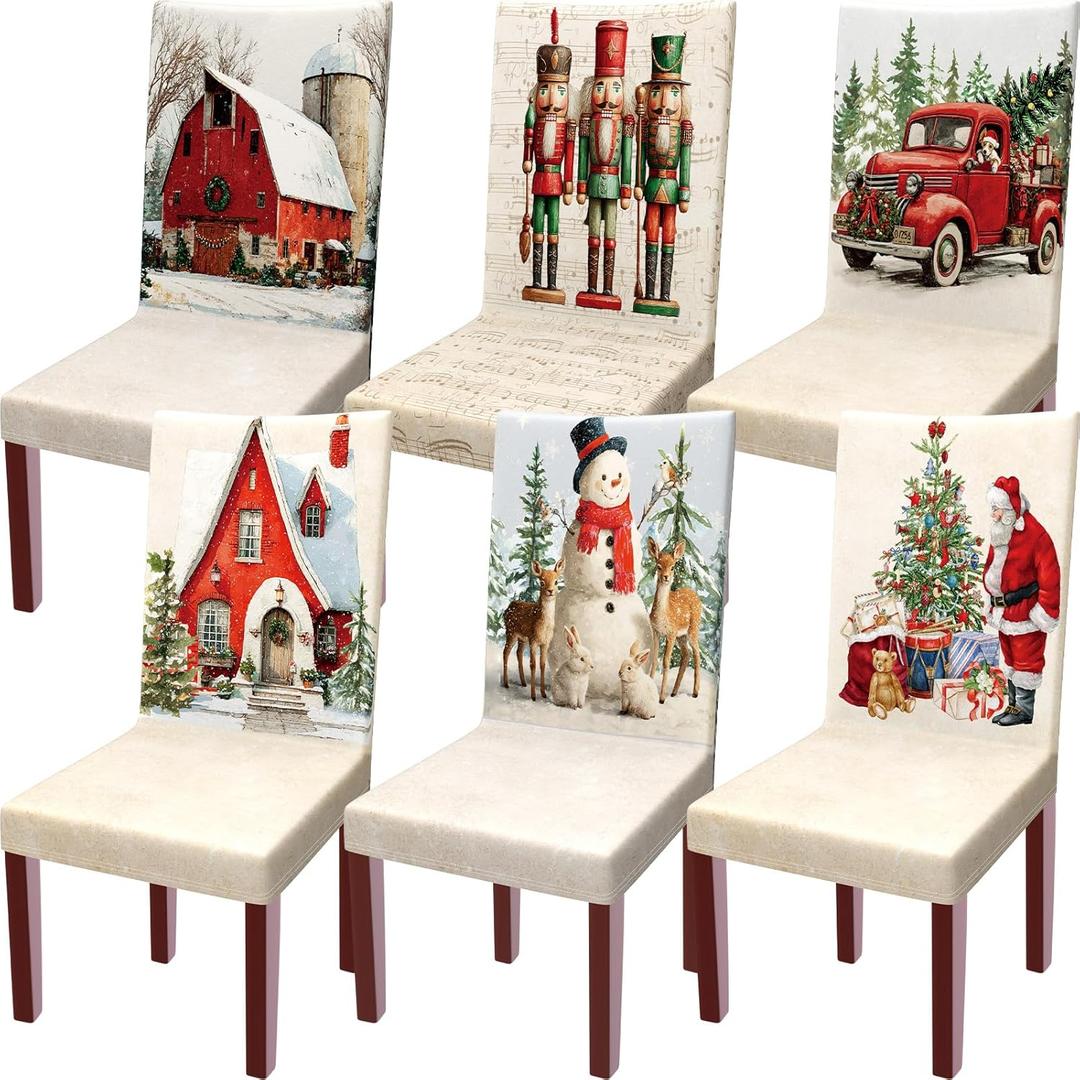 Vintage Christmas Chair Covers Set of 6  Rustic Farmhouse Holiday Slipcovers with Santa, Snowman, Red Truck, Nutcracker & Cottage Designs for Dining Room, Kitchen, Party Decor