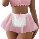 Foxiny Sexy Stockings Mini Skirt Mesh Sheer Lace Halloween Costume Maid Outfit Lingerie with Thong Set 4 Piece XL